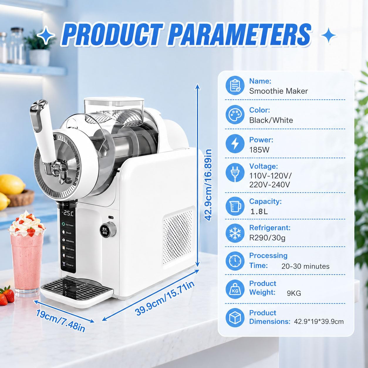 Macchina per Granita,Sorbetto Elettrica 1.8L,Bevande in 15 min,Macchina per Margarita con 5 modalità, per Granite, Cocktail, Frappé, Milkshake e Succhi, Senza Bisogno di Ghiaccio White