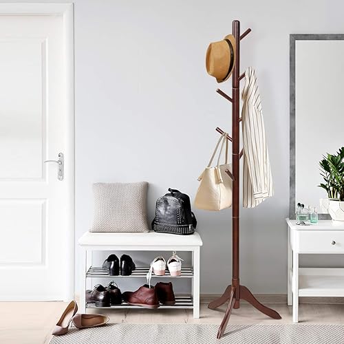 Miniatura 20 de Tangkula Perchero de madera para árbol independiente, soporte de entrada con 8 ganchos, altura ajustable, perchero para el hogar, oficina, pasillo,