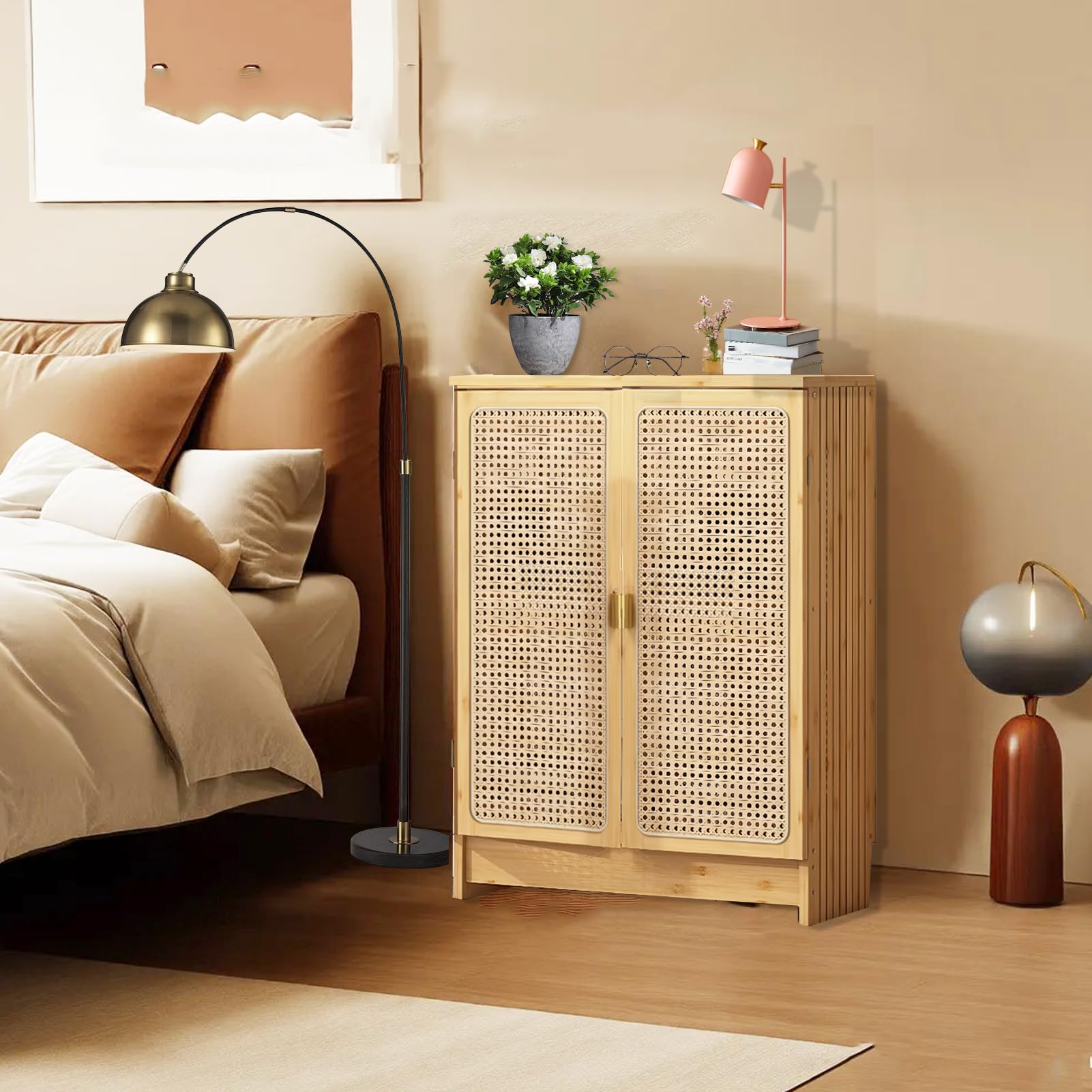 Jueraori Rattan Router Schrank Verstecken, WiFi Router Aufbewahrungsbox mit Verstellbaren Regalen, Vielseitig Bambus Aufbewahrungsschrank für Wäsche, Küche, Wohnzimmer, 70x50x25cm
