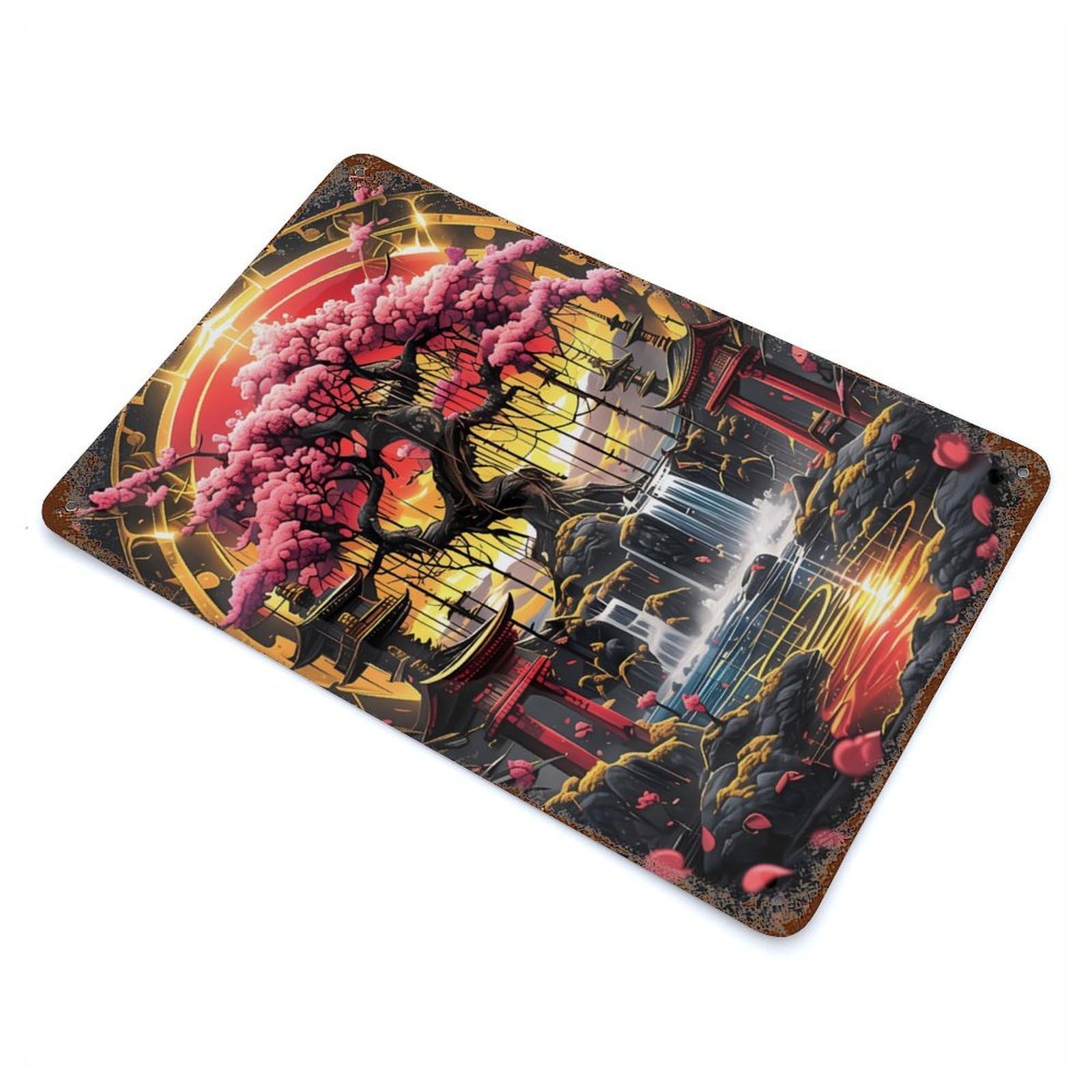 Kintsugi Asian Cherry Tree Decorative Tin Sign 11.8"x7.9", Ideal for Basement, Hobby Room And Garage Decor