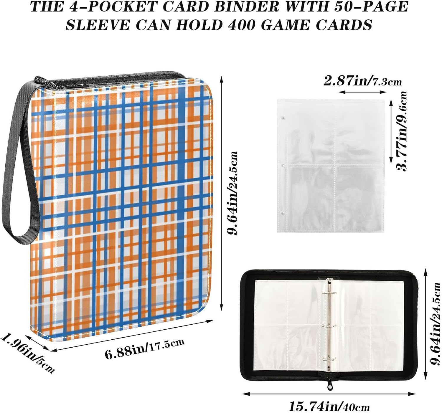 Card Binder 4 Pocket Trading Card Binder Holds 400 Cards with 50 Removable Sleeves for Boys Girls Game Cards Sports Cards Blue White Orange Grid Pattern01