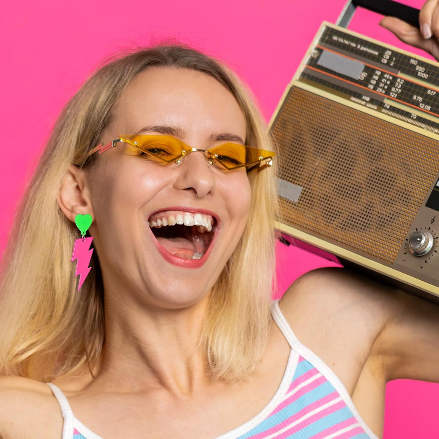 80s Earrings for Retro Party - Hot Pink Neon Lightning Bolt Heart Earrings for 90s 80s Halloween Costume - Acrylic Neon Earring Jewelry for Women - Image 7