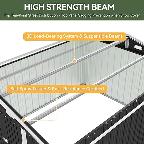 Vista 28 de Aoxun Cobertizo de almacenamiento al aire libre de 80 pies cúbicos impermeable para jardín, cobertizo de herramientas de metal, color marrón
