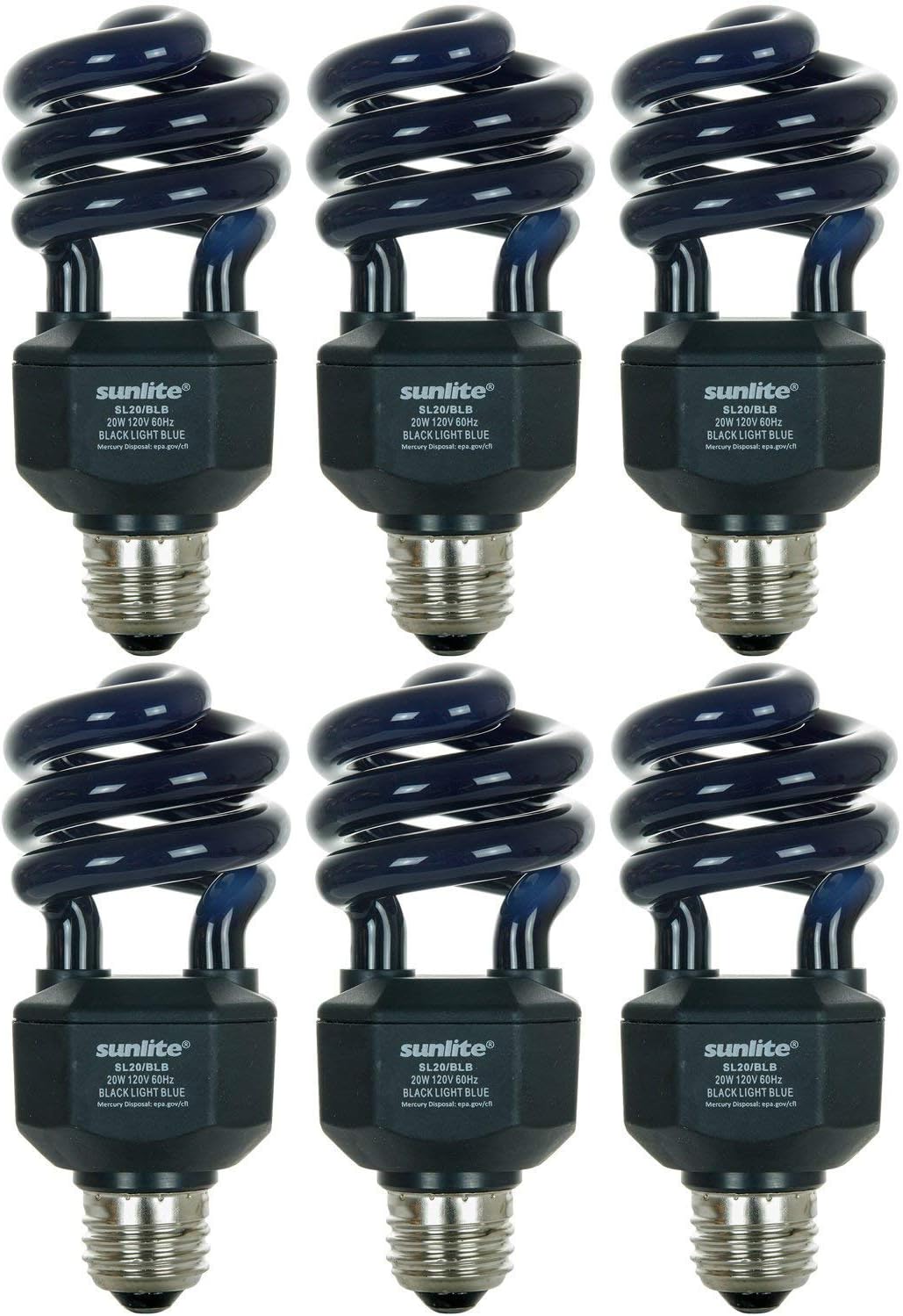 Sunlite 20W Spiral Energy Saving CFL Light Bulb Medium Base, Blacklight Blue (6 Pack)