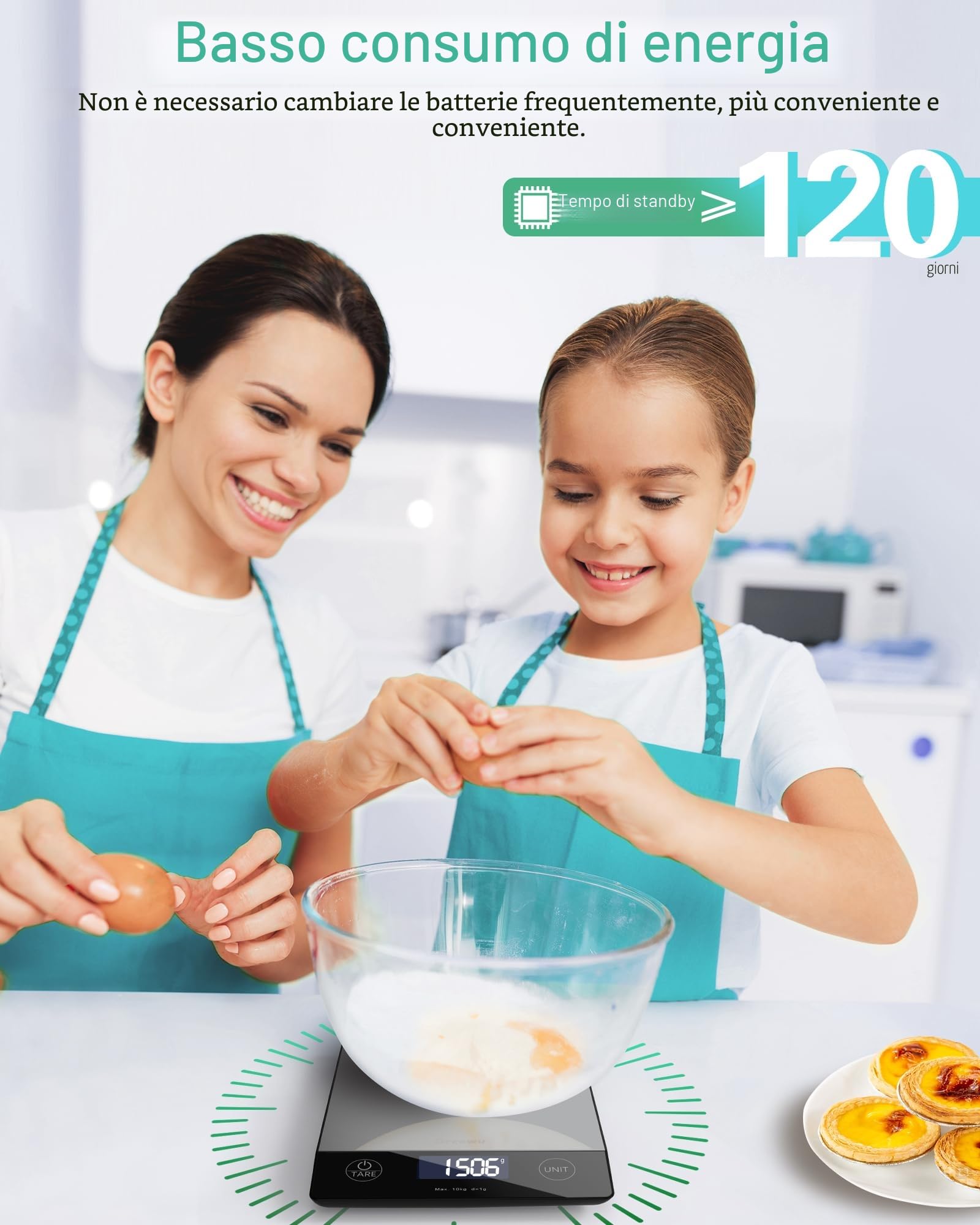 Bilancia Cucina Digitale, 10kg Bilancia da Cucina Professionale, Alta Precisione 1g/0,1oz Pesa Alimenti con Funzione Tare, Display LCD, 6 Unità, Facile da Leggere e da Usare