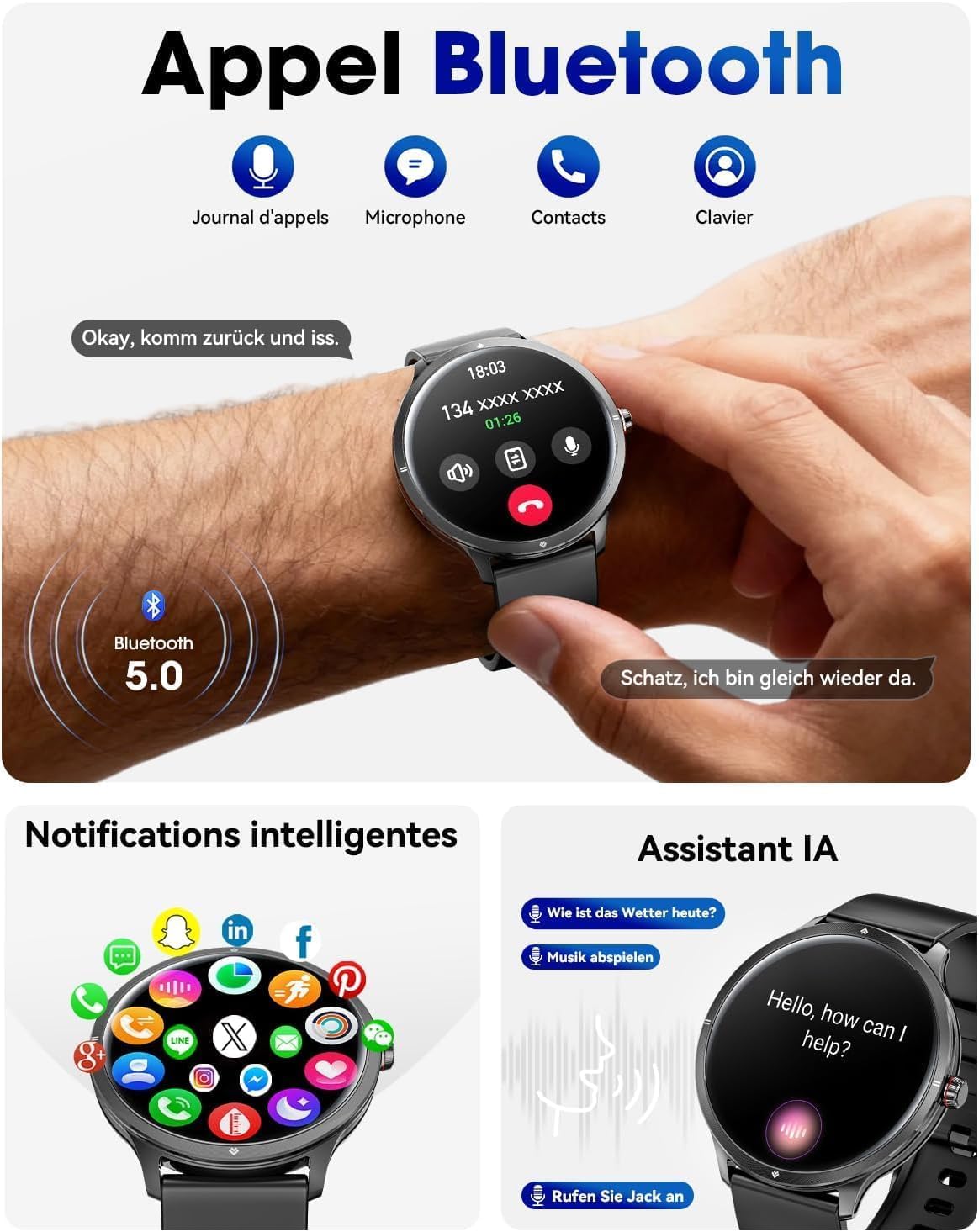 Reloj Inteligente Hombre, 1,75" AMOLED Pantalla Grande Moda Smartwatch,Correas Dobles/Llamadas Bluetooth/Podómetro/Pulsómetro/Monitor de Sueño/100+ Modos Deportivos para Android iOS (Marrón) (Negro)