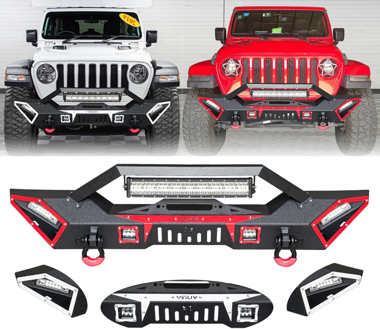 Front Bumper Upgraded Textured Black Compatible with 2007-2025 Jeep Wrangler JK JKU JL JLU and 2020-2025 Jeep Gladiator JT w/Winch Plate & D-Rings & LED Lights