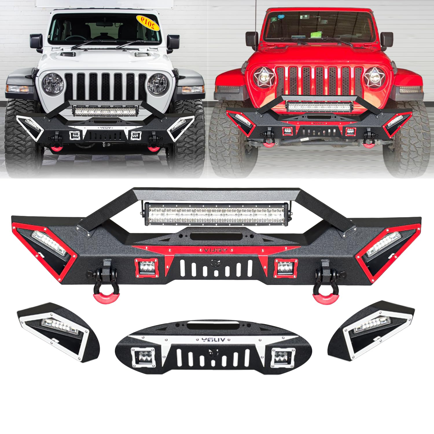 Front Bumper Upgraded Textured Black Compatible with 2007-2025 Jeep Wrangler JK JKU JL JLU and 2020-2025 Jeep Gladiator JT w/Winch Plate & D-Rings & LED Lights