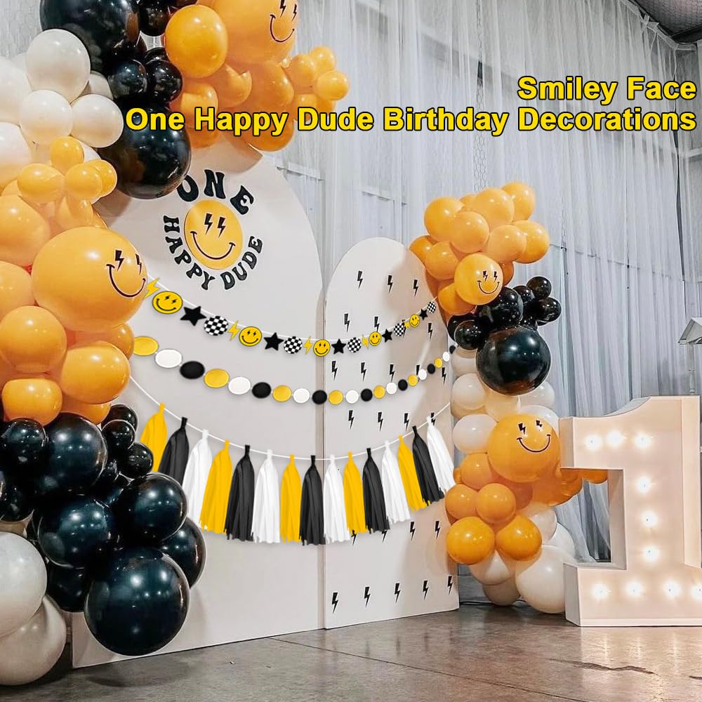 Orange Cat Ears One Happy Dude 1st Birthday Garland - 44ft Smiley Face ...