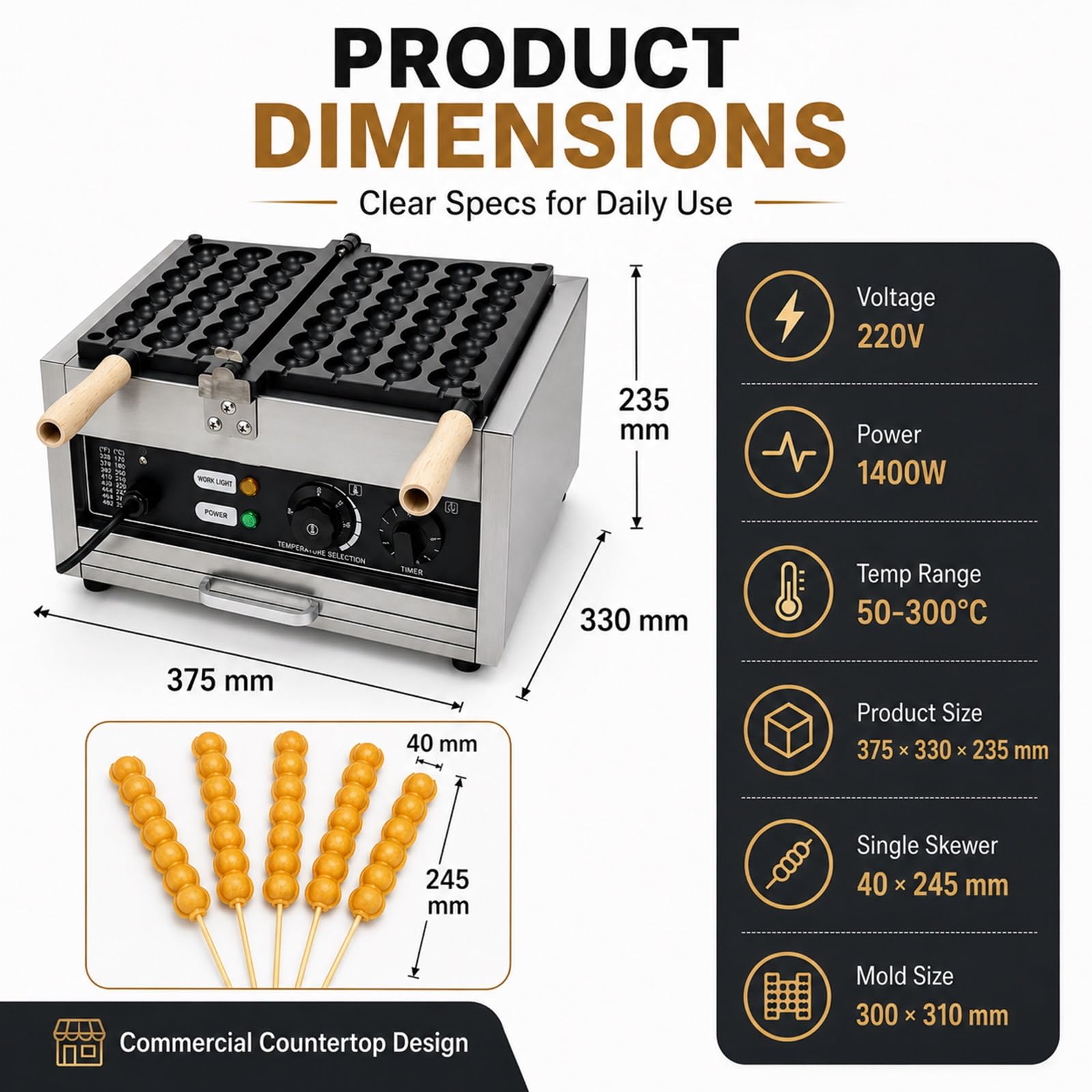 Macchina Professionale Per Waffle Su Stecco Tipo Bubble Waffle, Piastra In Acciaio Inox Antiaderente A 3 Scomparti, Design Girevole A 180°, Timer 0-5 Minuti, Per Bar, Snack Bar E Ristoranti