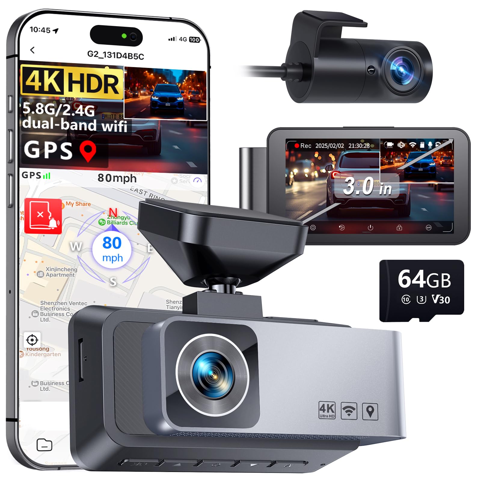 Dash Cam Front and Rear 4K HDR Dash Camera for Cars 3 IPS Screen Dash Cam Built-in GPS