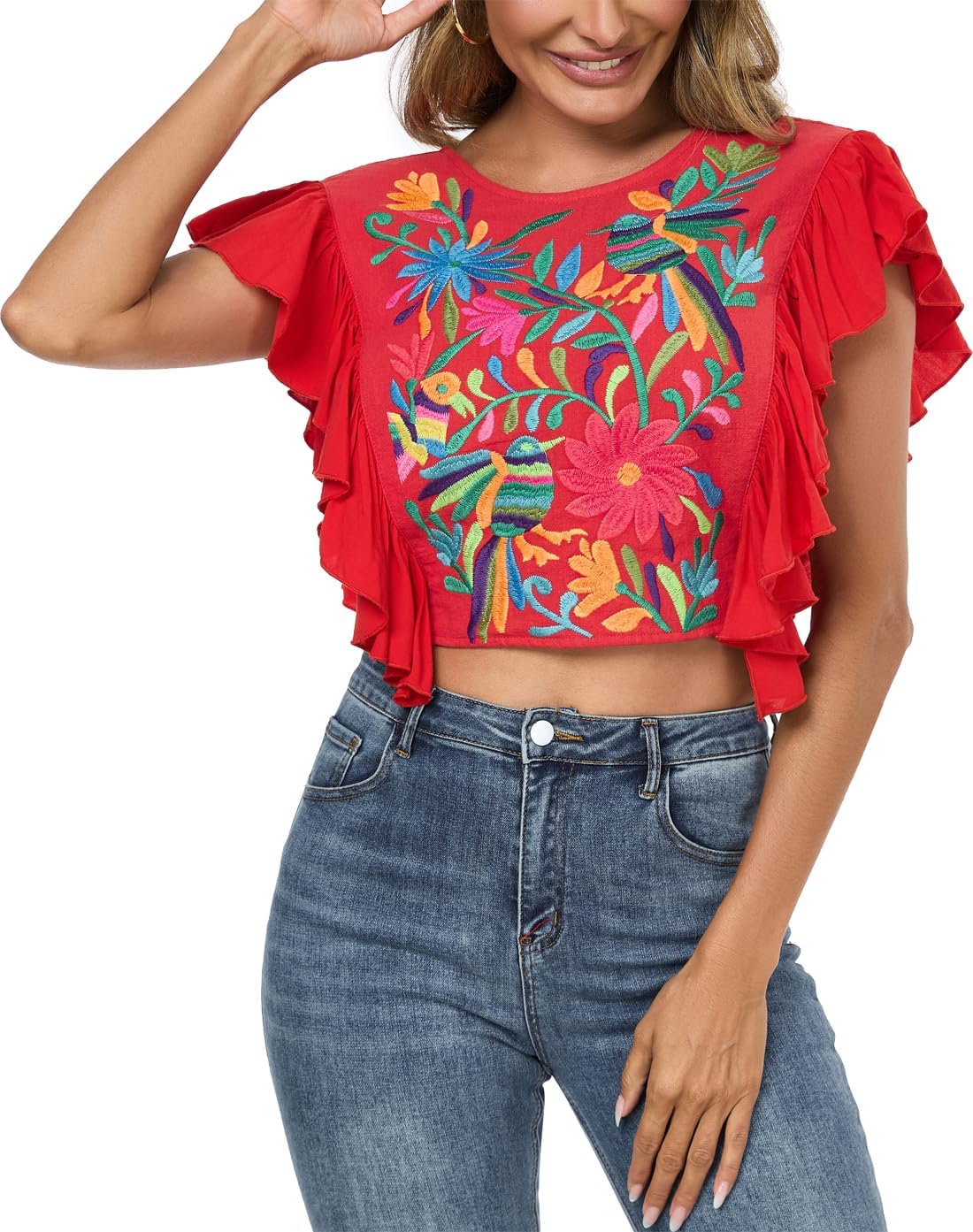 2025 Women's Embroidered Tops Boho Mexican Shirt Sexy Floral Ruffle Short Sleeve Backless Going Out Crop Tunics Top - Image 4