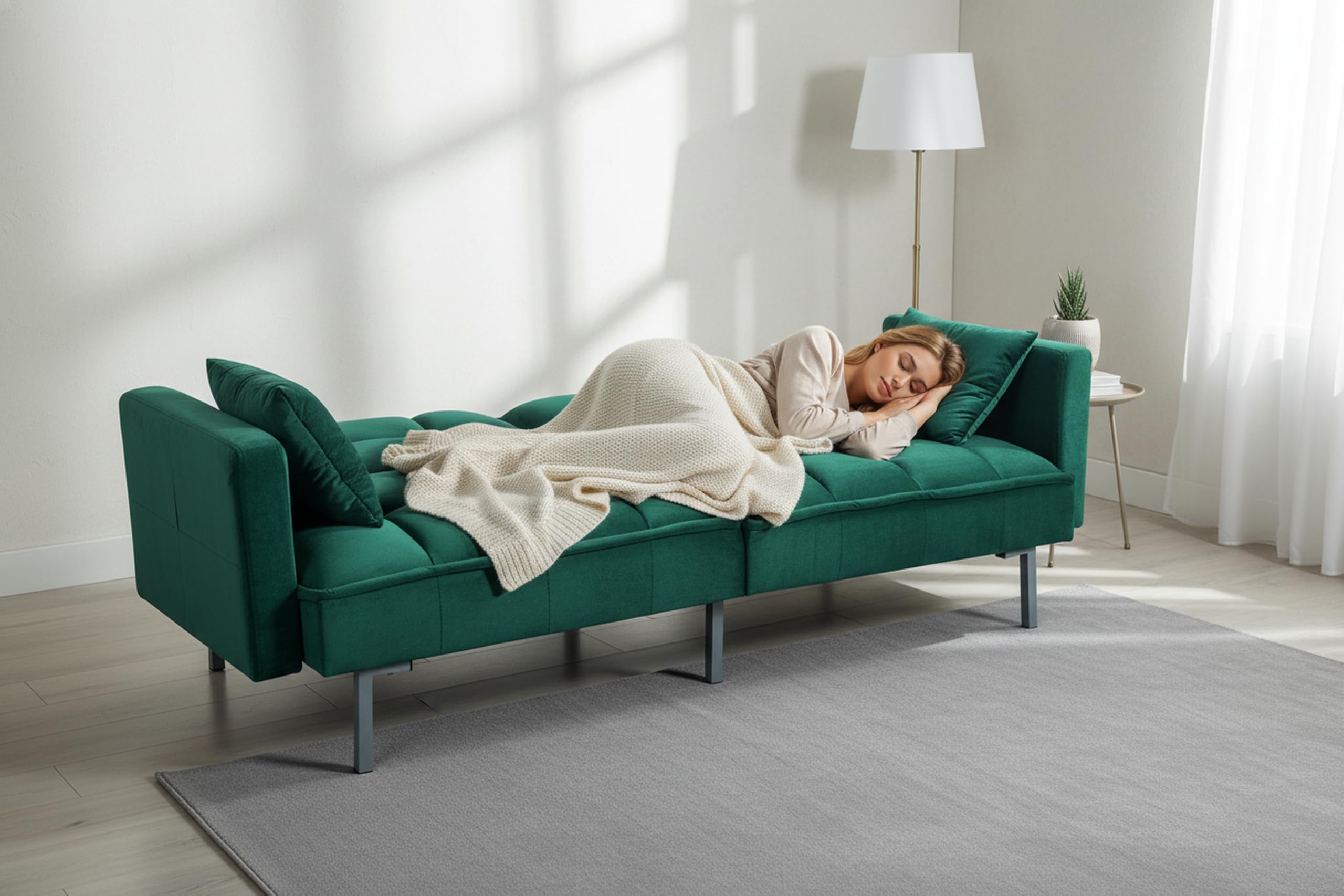 Container Furniture Direct Regal 75.6" Velvet Convertible Sofa Bed - Mid-Century Sleeper Couch w/Tufted Design & Metal Legs - Pull-Out Futon for Guests/Home (75.6" W x 34.6" D x 32" H), Green
