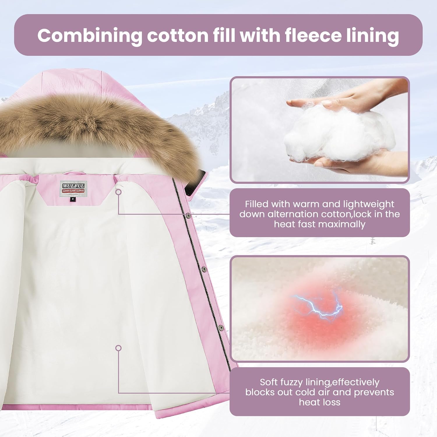 WULFUL Boy's Girls Winter Coats Waterproof Fleece Lined Puffer Jackets Kids Thicken Outerwear With Detachable Hood