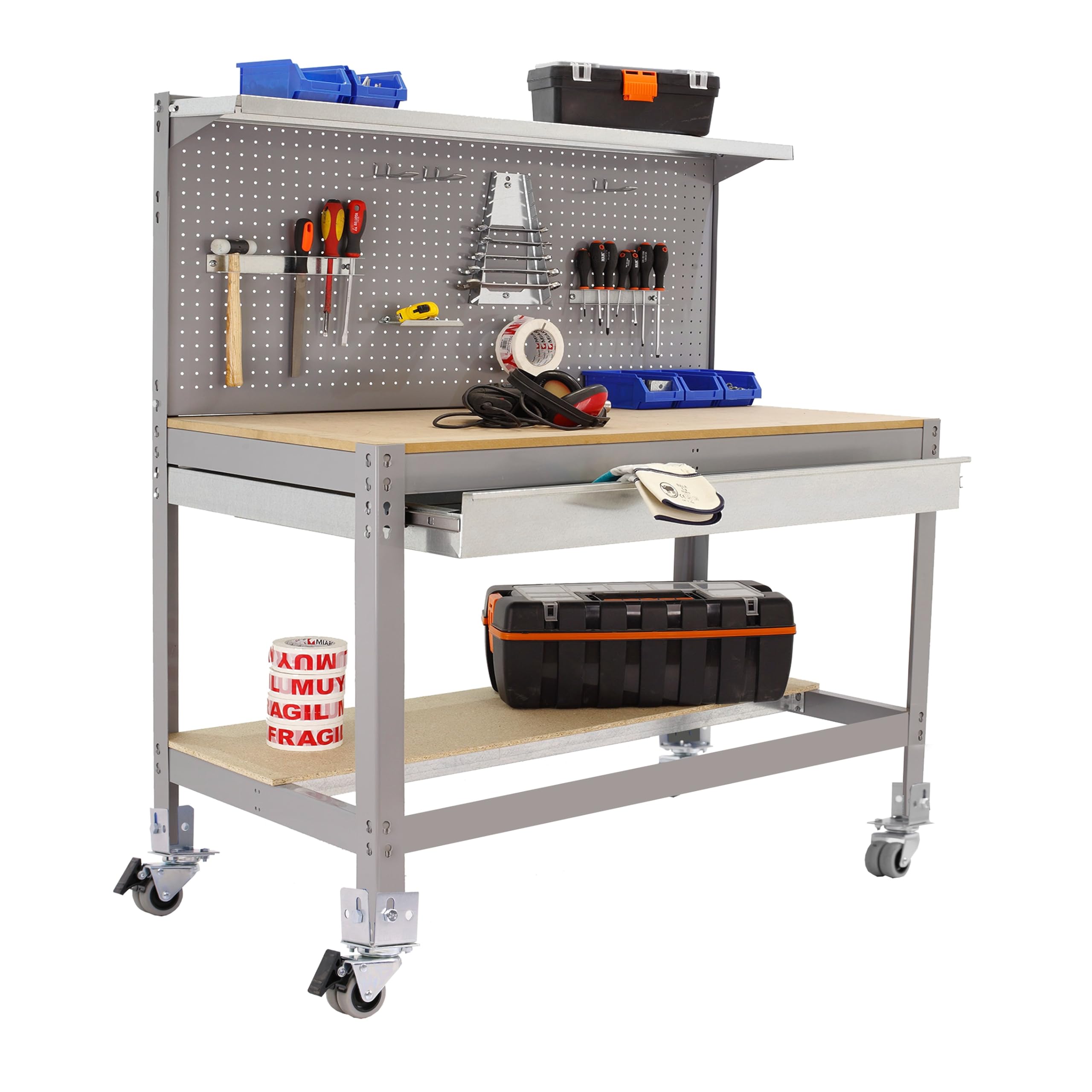 Simon Rack Banco de Trabajo Taller con Ruedas 910x610 mm - BT3 | Panel Perforado y Cajón, Tablero madera 16 mm, Capacidad Carga 120 kg, Gris , Pintura anticorrosión, Montaje sistema clic