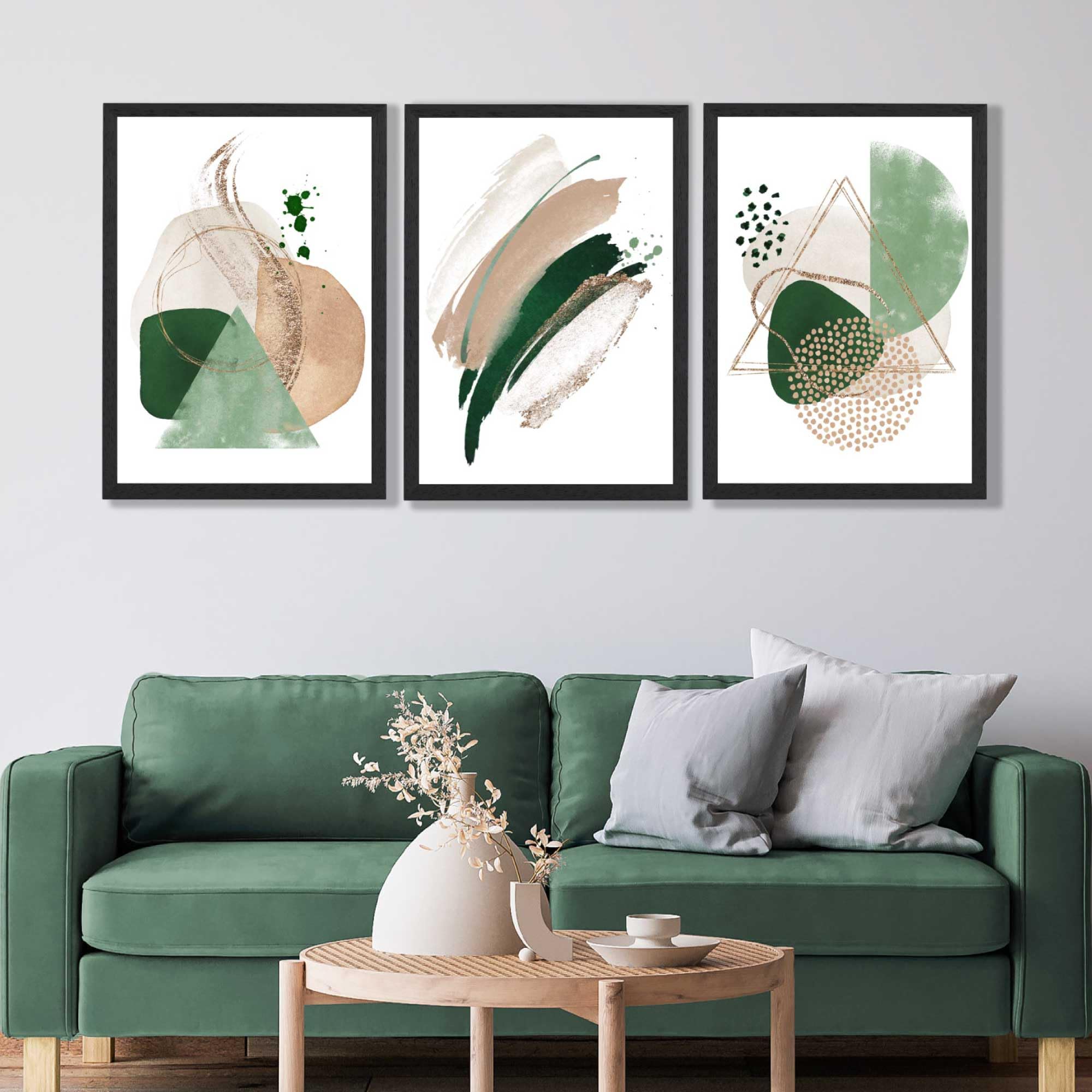 Artze Green / Beige Set Of 3 Abstract And Wall Art Prints Only Size: (A2-42 X 59.4 Cm)