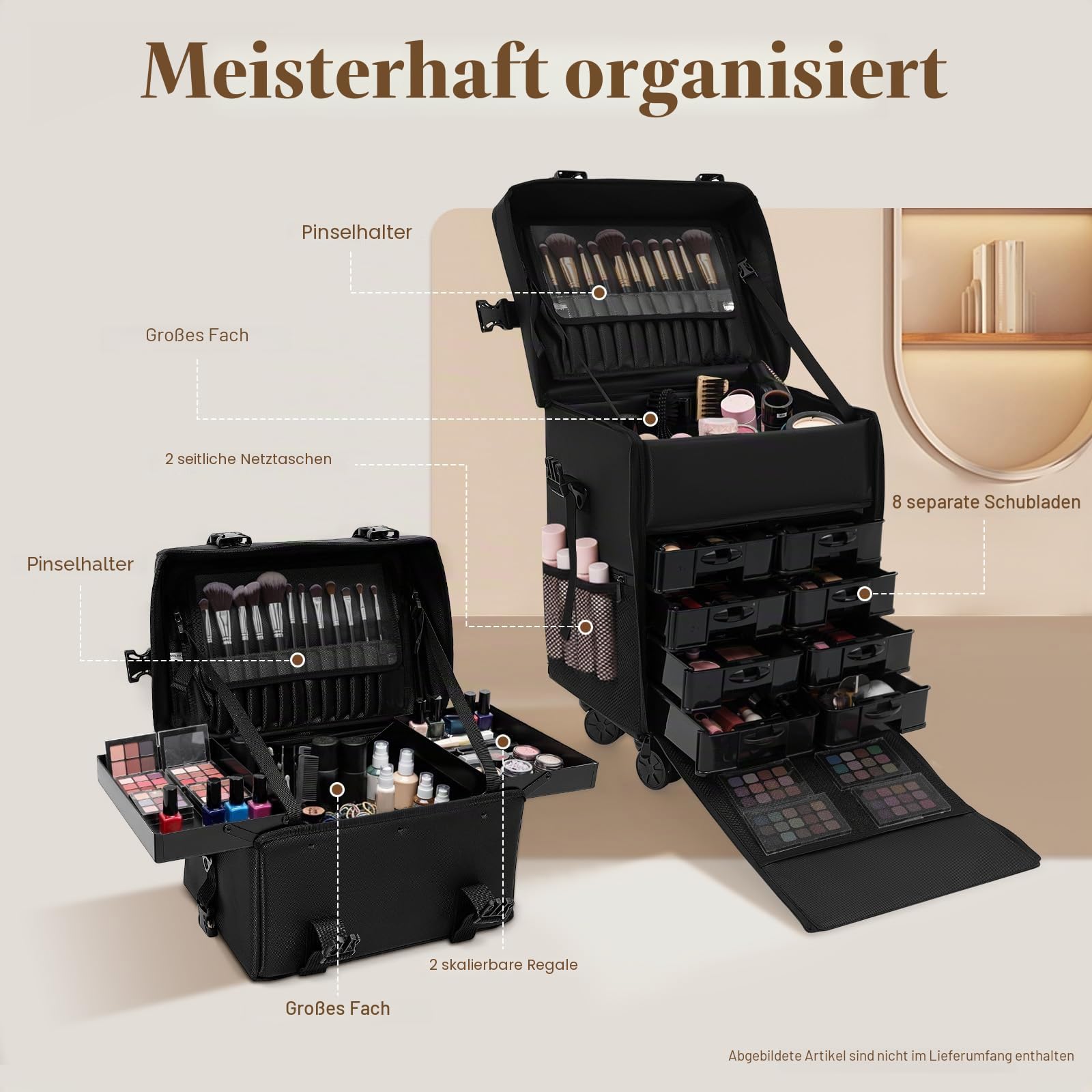 2 in 1 Kosmetikkoffer, Abnehmbarer Kosmetikkoffer Trolley mit Rollen und Deichsel, Friseurkoffer mit 8 Schubladen, Nagel Koffer, Make Up Koffer für Friseure, Maskenbildner und Maniküre, Schwarz