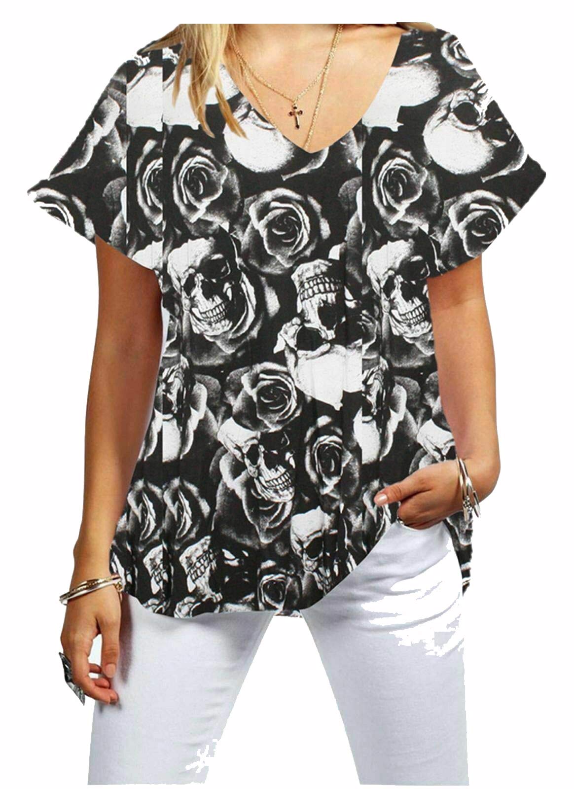 METLUQ M0D4 Ladies Printed V Neck Turn Up Short Sleeve Loose Baggy Batwing Fit T Shirt Top (Skull Rose, UK 24-26 XXXL)