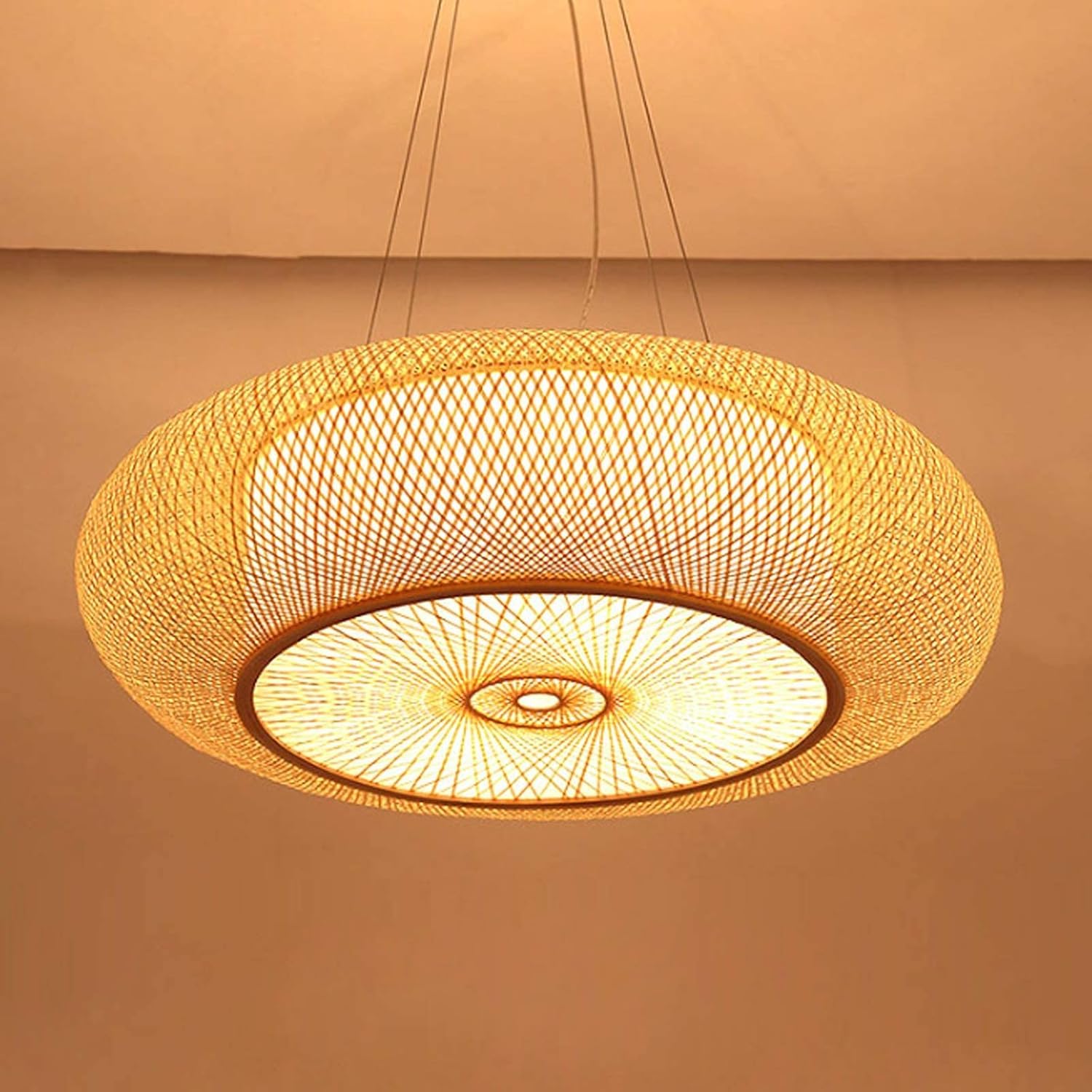 Lustre Suspension Bambou E27 Lampe Suspendue Rétro Tissé Rotin 80cm