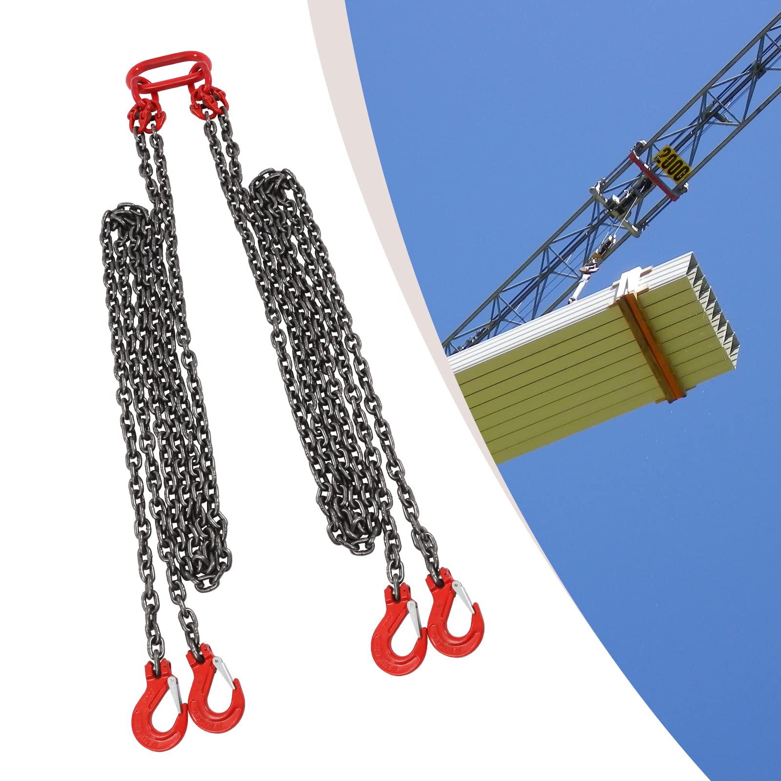5/16 Inch Chain Sling, Engine Lift Chain G80 Alloy Steel Engine Chain Hoist Lifts with 4 Leg Grab Hooks Used in Mining, Machinery, Ports, Building (10FT)
