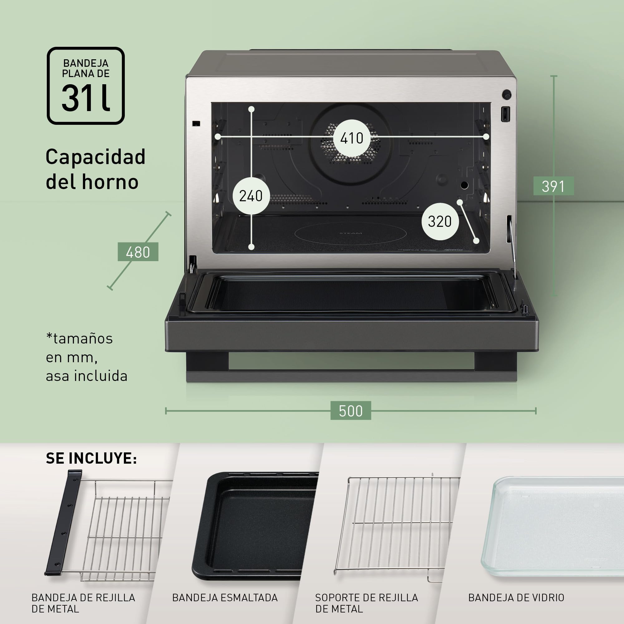 Panasonic NN-CS88LBEPG Horno combinado de vapor 4 en 1 con vapor, microondas, grill y convección, Tecnología Inverter, 31 L, 36 Programas Automáticos, Cocción en 2 Etapas, Menú Infantil, Negro