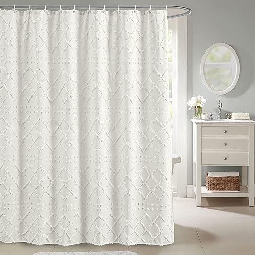 YoKii Cortina de ducha bohemia blanca de 72 x 72 pulgadas, moderna, desgastada, elegante, texturizada, geométrica, marroquí, minimalista, bonita, de
