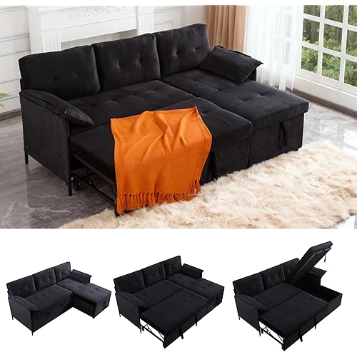 Sectional Sleeper Sofa with Pull Out Bed, L Shape Convertible Couch with Storage Chaise, Comfy Sleeper Couch, 2 in 1 Pull Out Sofa Bed with 2 Seats, for Living Room, Apartment, Black