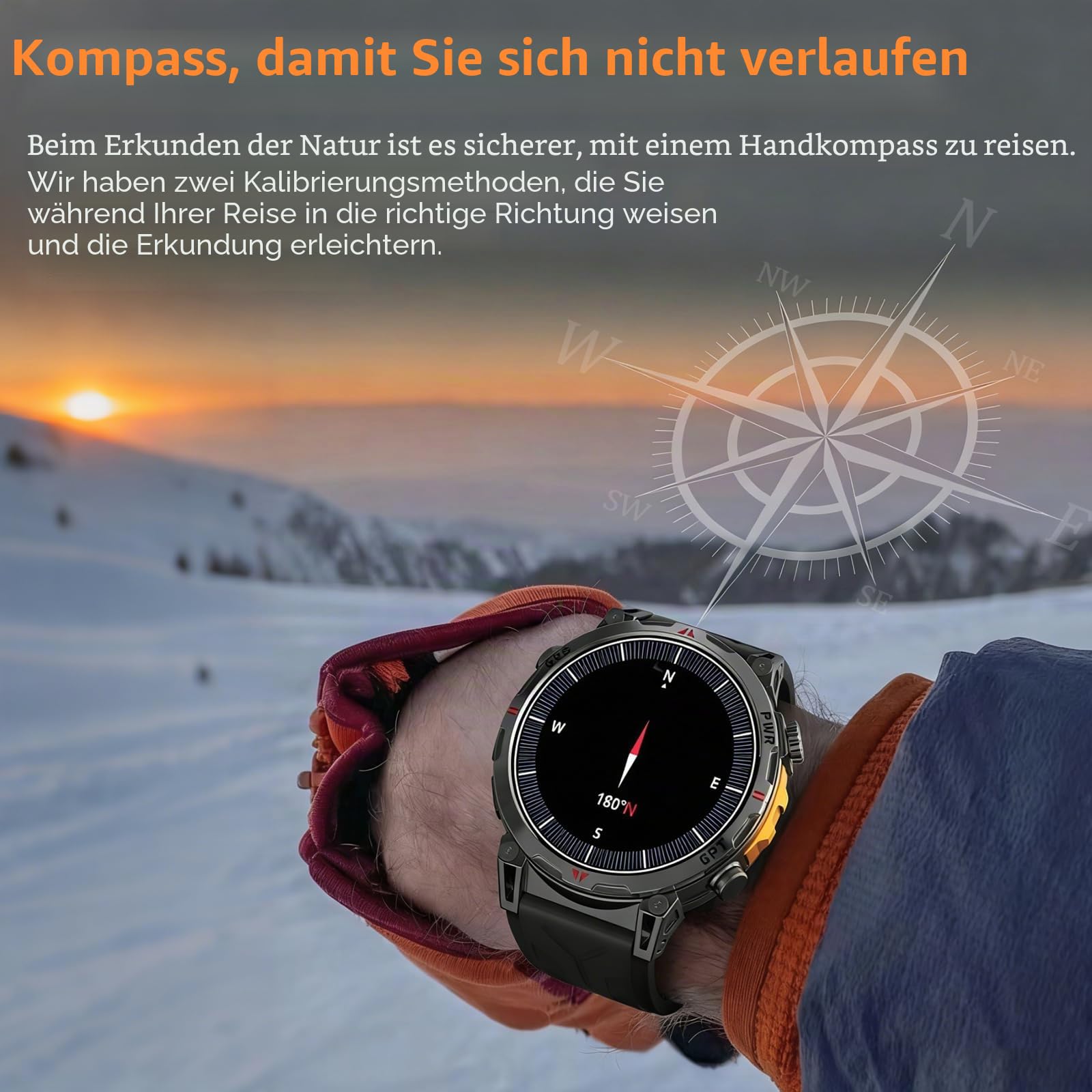 Smartwatch Herren mit GPS, Kompass, Bluetooth-Anruf, 1,56'' Amoled Bildschirm, Fitnessuhr mit 107 Sportmodi Sportuhr für iOS/Android, AI-Zifferblatt, IP68 Wasserdicht, Schlaftracking, Multifunktional