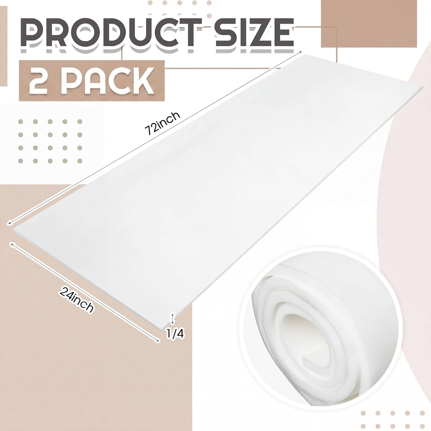 Amylove 1 Pack Polyurethane Foam 1/4" x 24" x 72" High Density Cushion Upholstery Foam Sheet for Seat Replacement DIY Projects Chairs Headboards Sofas Home (White)