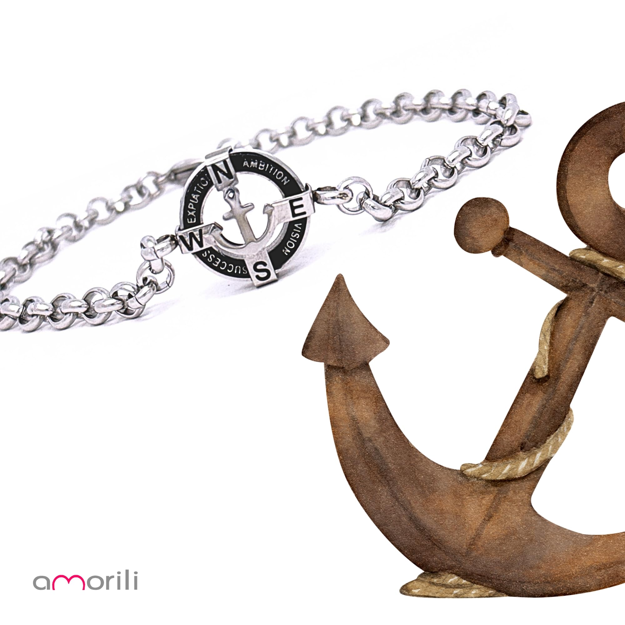 Bracciale Uomo Ancora e Bussola in Acciaio Inossidabile – Braccialetto Nautico Regolabile Elegante – Idea Regalo BCC3122