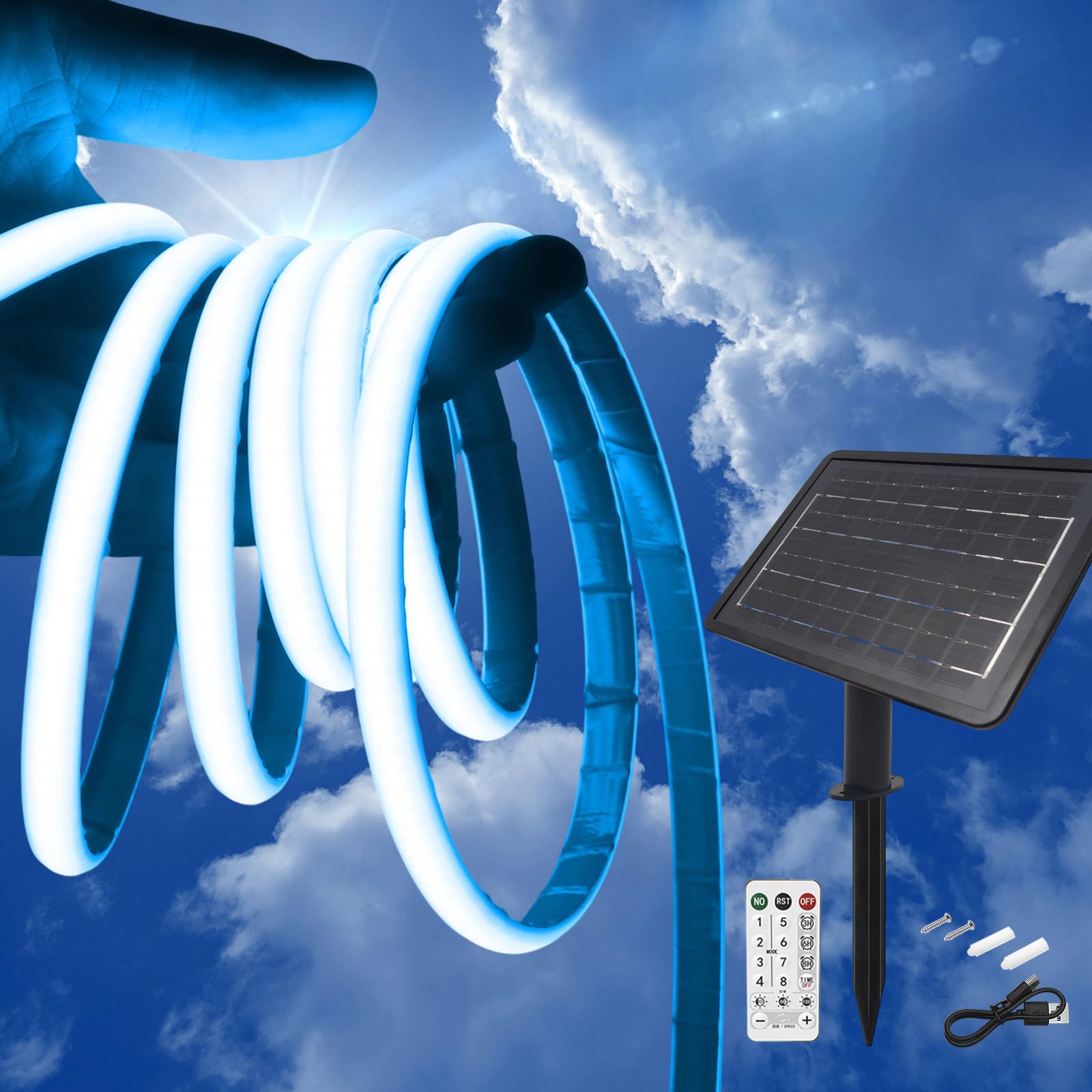 KISUFU 24V Solar LED Strip Lights Outdoor, 320 LEDs/M IP68 Waterproof Cuttable Self-Adhesive Rope Light with 2400mah 8 Modes Battery Box Remote Control for Porch Gazebo Yard Trees Garden Decor.