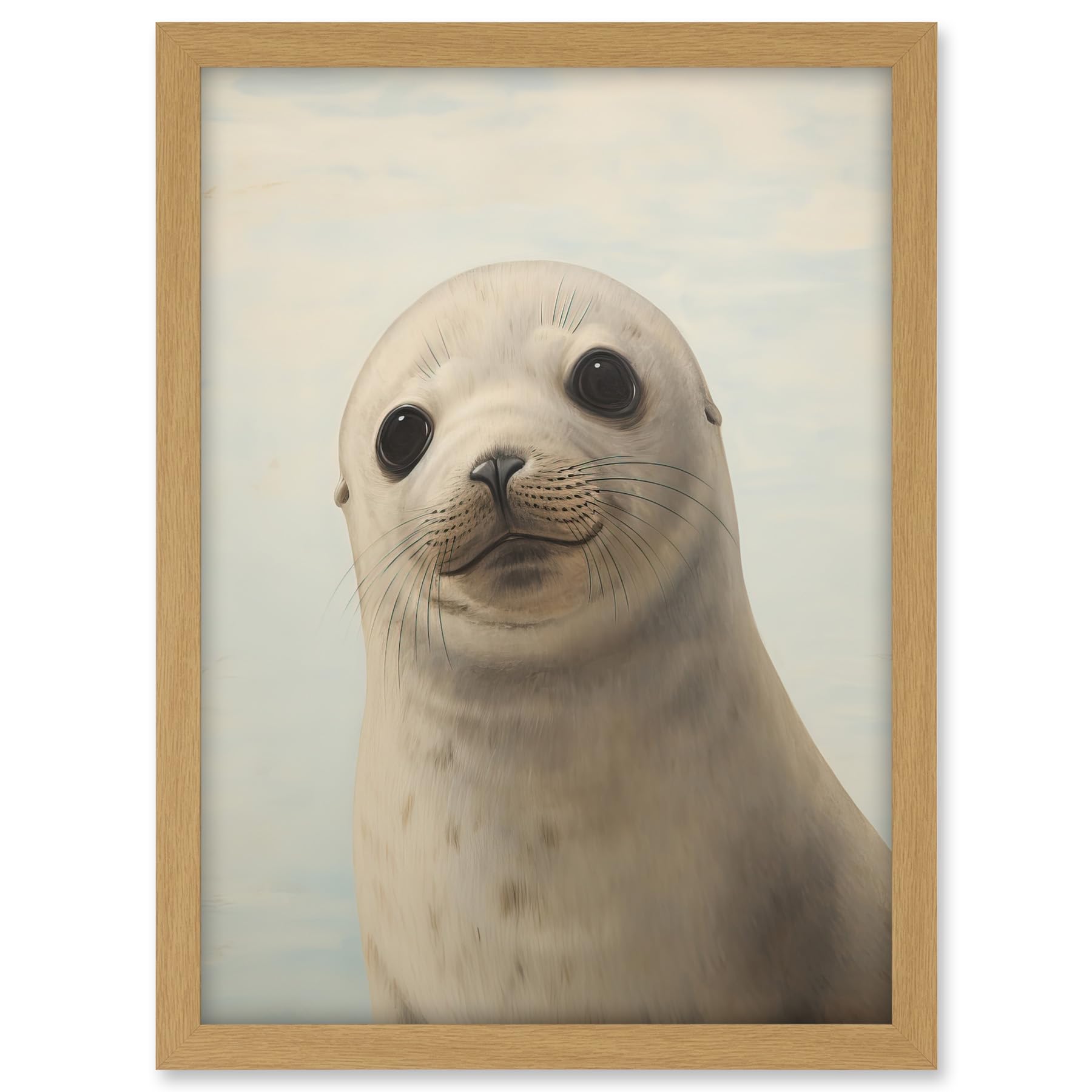 Artery8 Adorable Baby Seal Pup Portrait Oil Painting Calming Kids Bedroom Cute Arctic Animal Artwork Framed A3 Wall Art Print