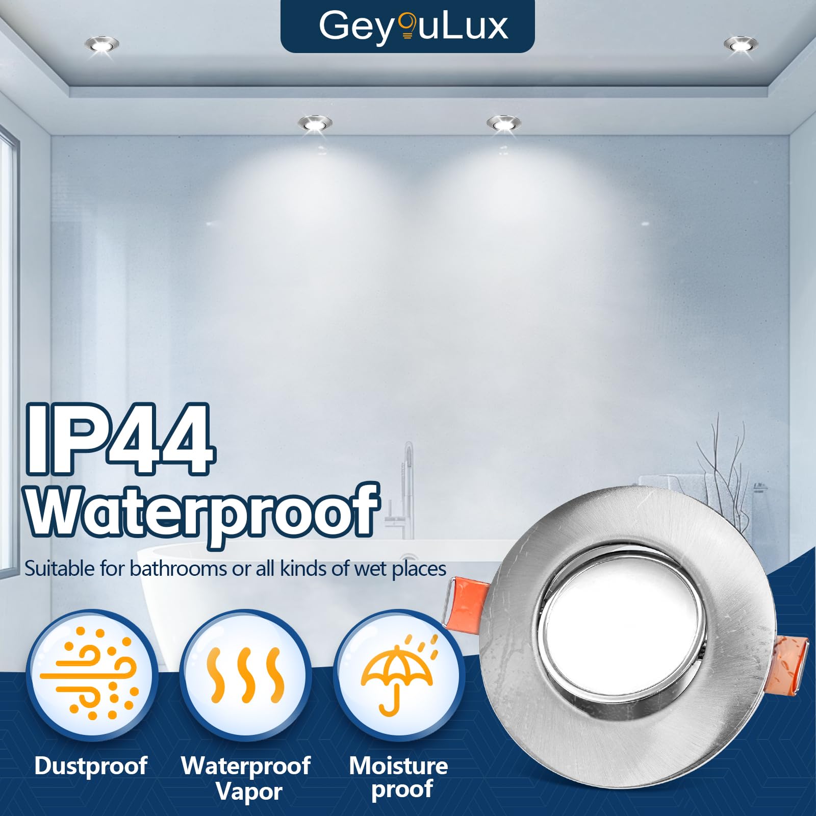 GeyouLux 3CCT Faretti LED da Incasso per Cartongesso Dimmerabile 4.9W 500LM 230V Faretti LED Soffitto IP44 Apertura 68-80mm Faretti Ruotabile a 45° Bagno Faretti da Incasso Set di 6 Nichelato