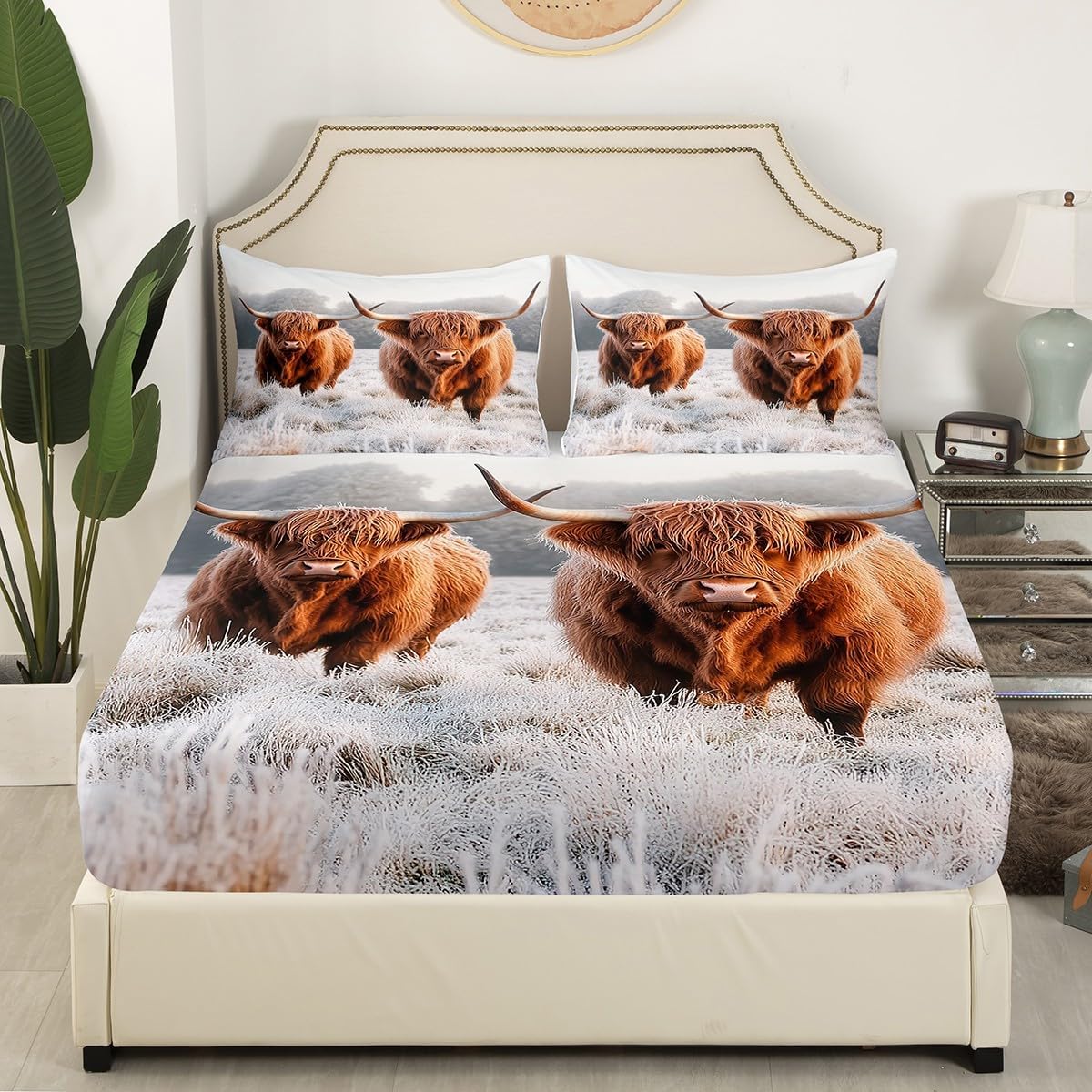Erosebridal Highland Cow Fitted Sheet Twin, Funny Brown Cow Cattle Bed Cover, Farmhouse Animal Bedding Set, Winter Theme Snow Lightweight Bed Set for Kids Boys Girls Teens Adult