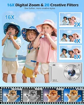 Digital Camera Improved UHD 4K 50MP Camera Camera 16X Digital Zoom Anti-Shake 2.83 Inch Screen 2 Large Batteries Retro Portable Vlog Camera for Children Students Beginners (Silver)