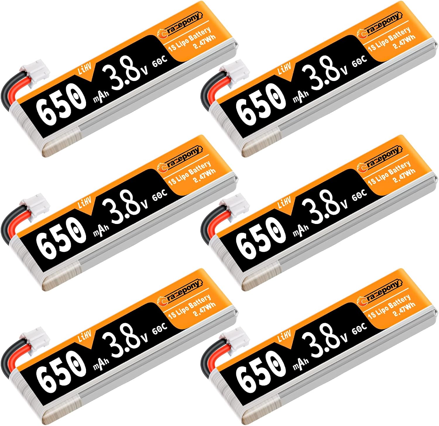 650mAh 1S Battery 3.8V HV LiPo Battery 60C with JST-PH 2.0 PowerWhoop mCPX Connector for Inductrix FPV Plus 75mm Frame Kit Micro FPV Drone (6pcs)