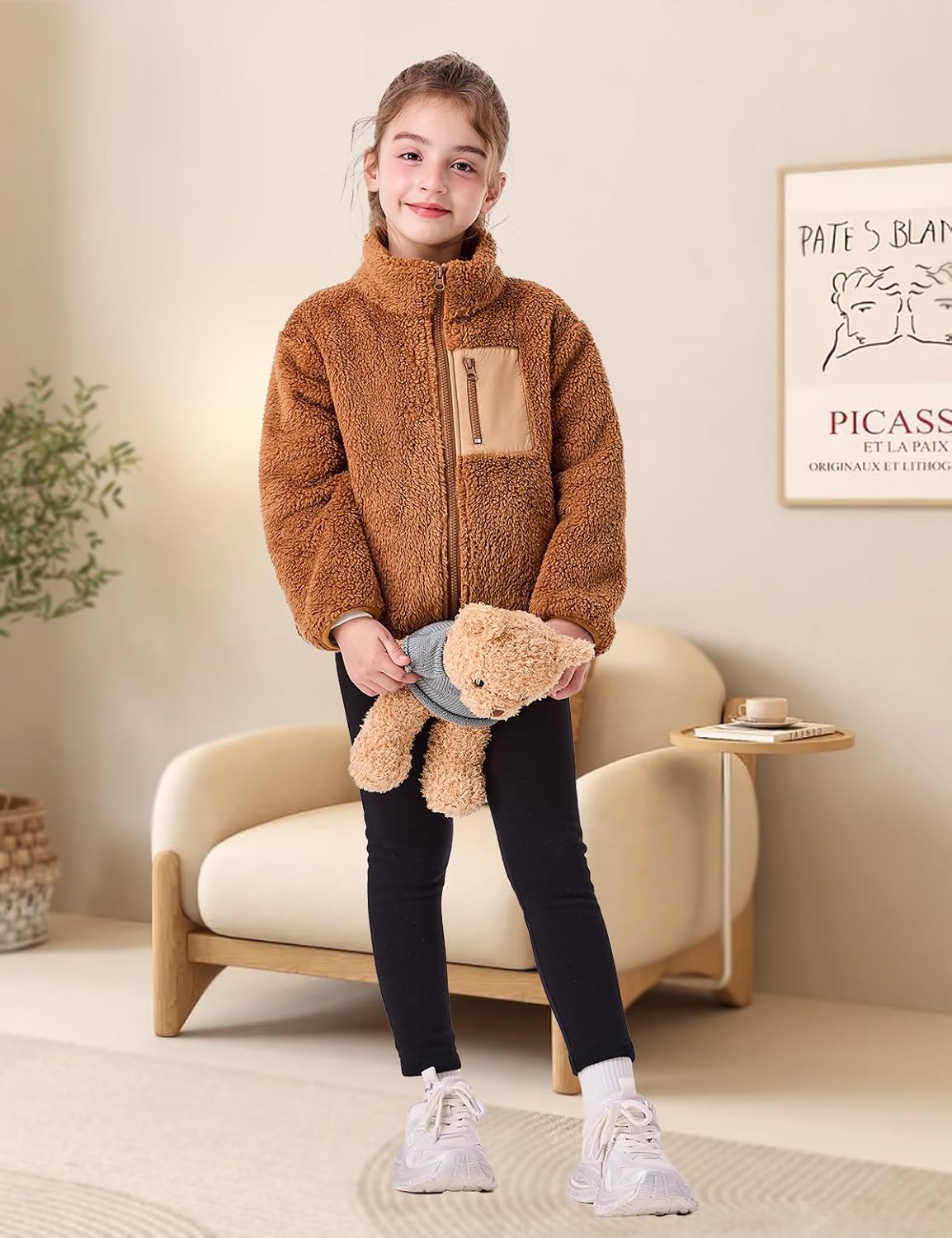 Girls Fleece Jacket Full Zip Up Soft Sherpa Teddy Coat Chest Pockets Fall Winter Jackets Kids Outwear for 5-14y - Image 2