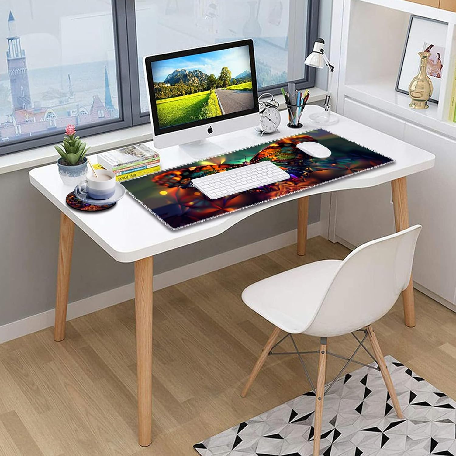 Durable Desk Mat and Coaster Stylish Set, Large Gaming Office Mouse Pad 31.5 "x 11.8", Extended Non-Slip Rubber Keyboard Pad, Laptop & Home, Psychedelic Butterfly image 4