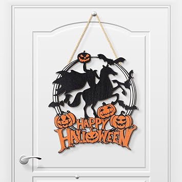 YLOLUL Halloween Welcome Sign for Front Door Headless Horseman Door Sign Pumpkin Bat Door Hanger Happy Halloween Wooden Hanging Sign Door Decorations for Porch Wreath Yard Wall Headless Horseman