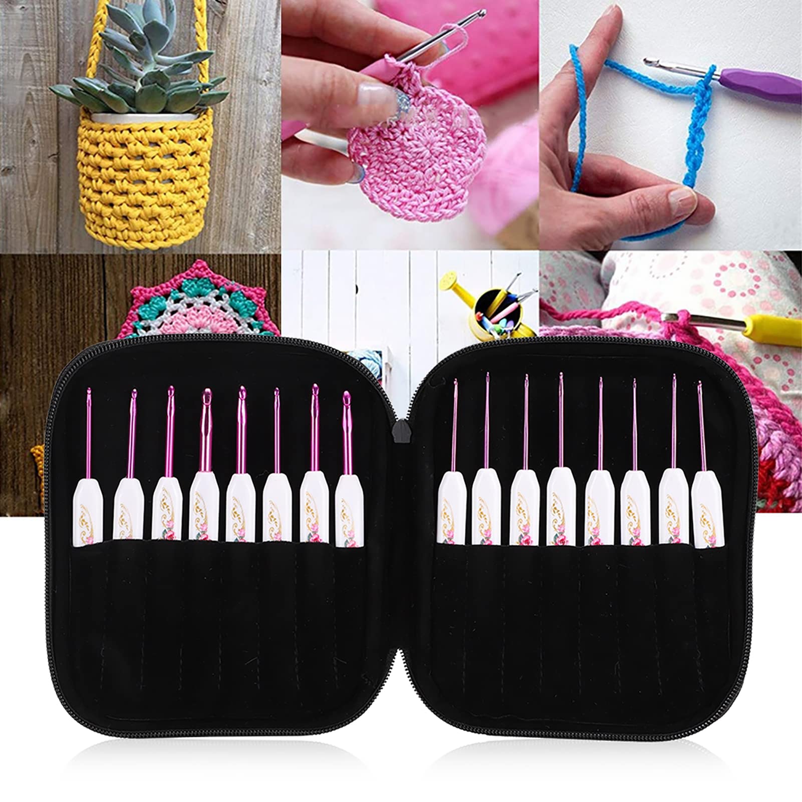 QANYEGN 16 Pezzi Set di Ganci per Uncinetto, Gancio per Uncinetto in Alluminio con Borsa Portatile, Kit di Aghi per Uncinetto per Accessori da Cucito Fai da Te, Rosa