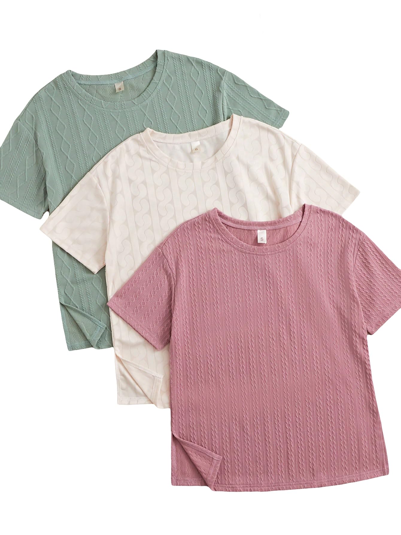 Photo 1 of GORGLITTER Women's 3 Piece Pack Textured Split Hem Lounge Tee Rib Knit Solid Pajama Tops Small Green Pink Beige