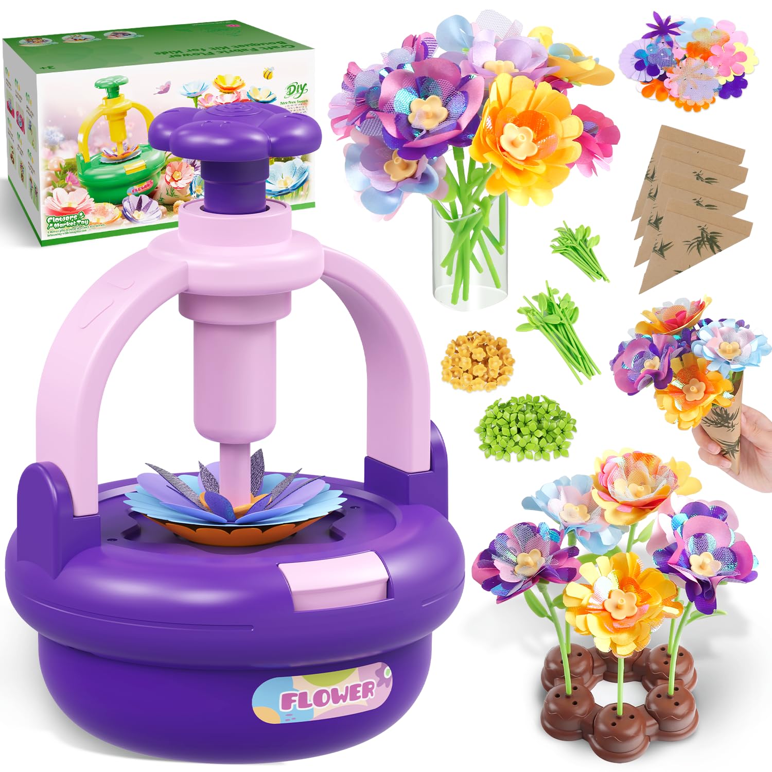 TingingYuli Set di artigianato per bambini dai 4 agli 8 anni, mazzi di fiori di stoffa fai da te, bouquet esclusivi per ragazze dai 3 ai 9 anni e regalo di compleanno (Purple)
