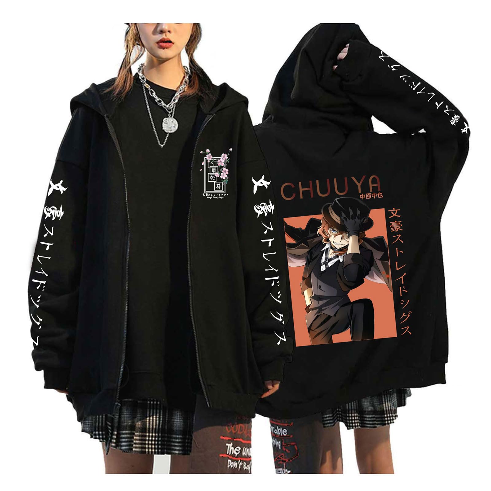 Zhedu Unisex Color 03 Bungou Stray Dogs Plus Size Zip Up Pullover Japan Anime Manga Hoodies Teenage Harajuku Drop Shoulder Casual Hip Hop Streetwear (S,)