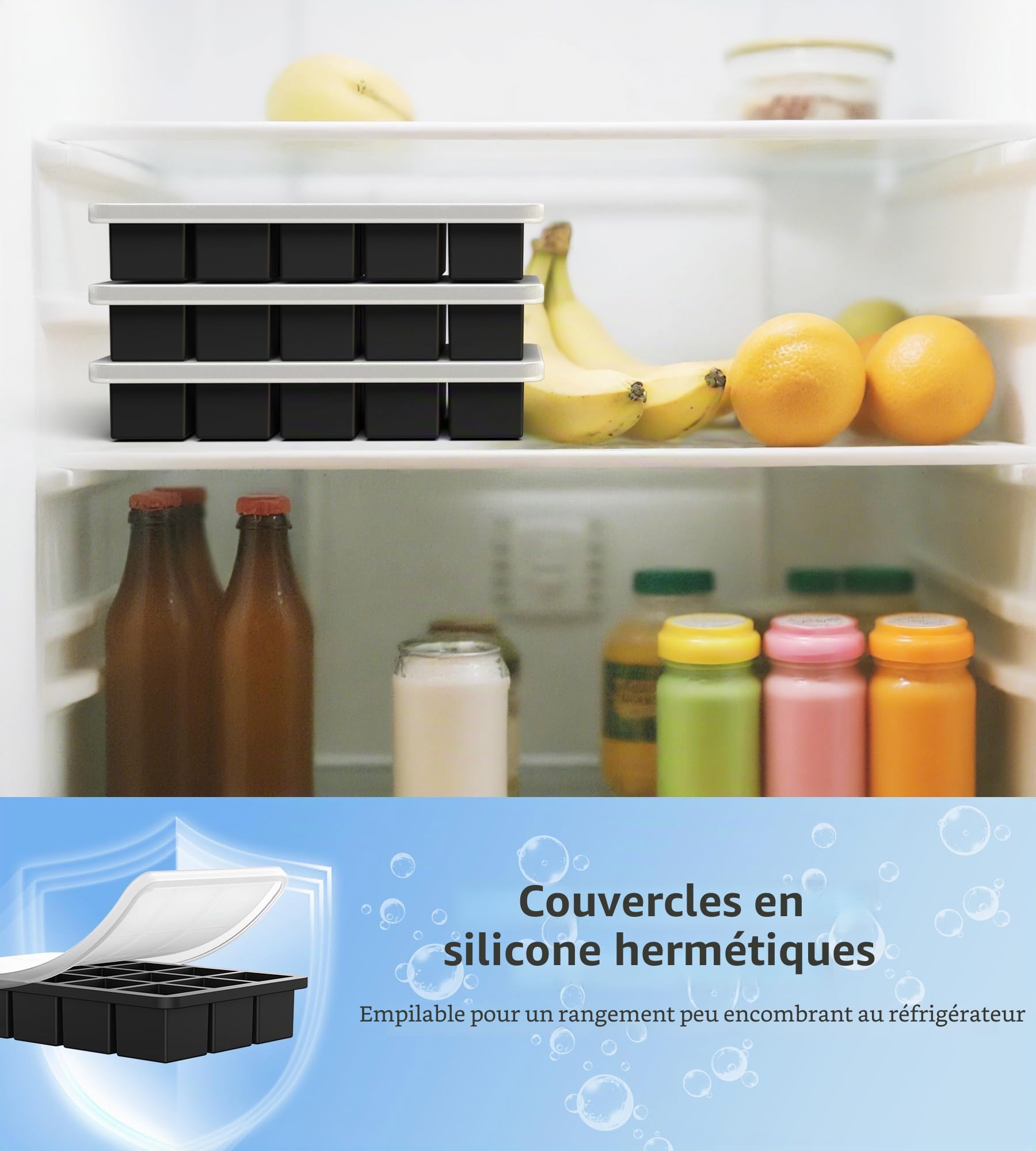 Ankway Lot de 3 Bac à Glaçons Silicone avec Couvercle, 45x3.5cm, Sans BPA, Faciles à Retirer, Noir