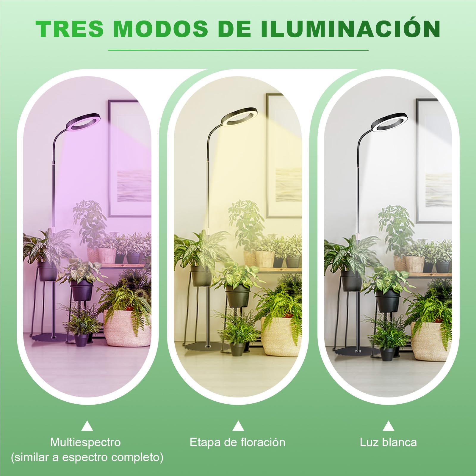 Lámpara para Plantas LED, luz de crecimiento plantas con Temporizador 6/12/16H, 3 Modos Luz & 10 Niveles Brillo, Altura Ajustable 57-165cm, Grow Light con temporizador y adaptador