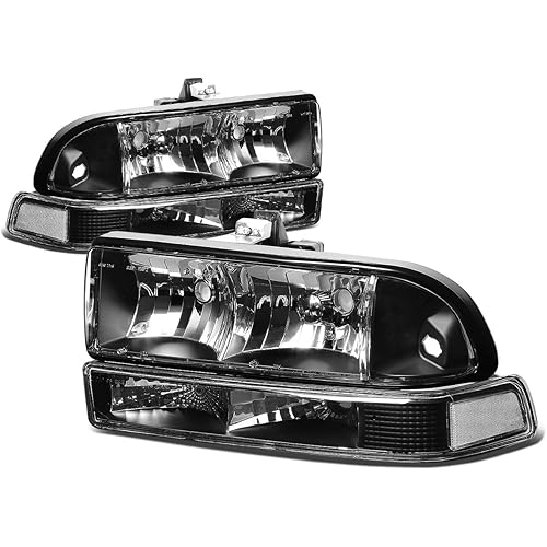 Auto Dynasty [Halogen Model] 4pcs Factory Style Headlights Assembly with Bumper Lamps Compatible with Chevy S10 Blazer 98-04, Driver and Passenger Side, Black Housing Clear Corner