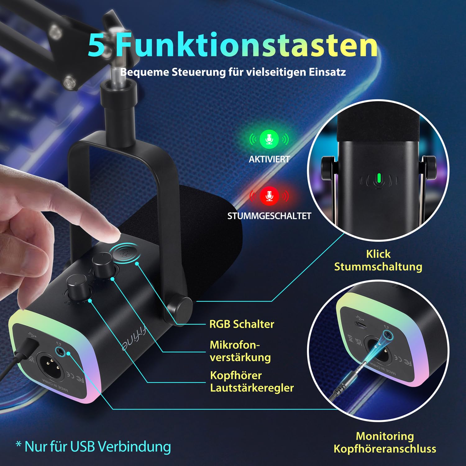 FIFINE XLR Streaming Mikrofon mit Arm für Podcast Studio, USB Dynamisch Microphone Gaming PC mit Stummschalttaste, für PS4/5 Mac Mixer Soundkarten