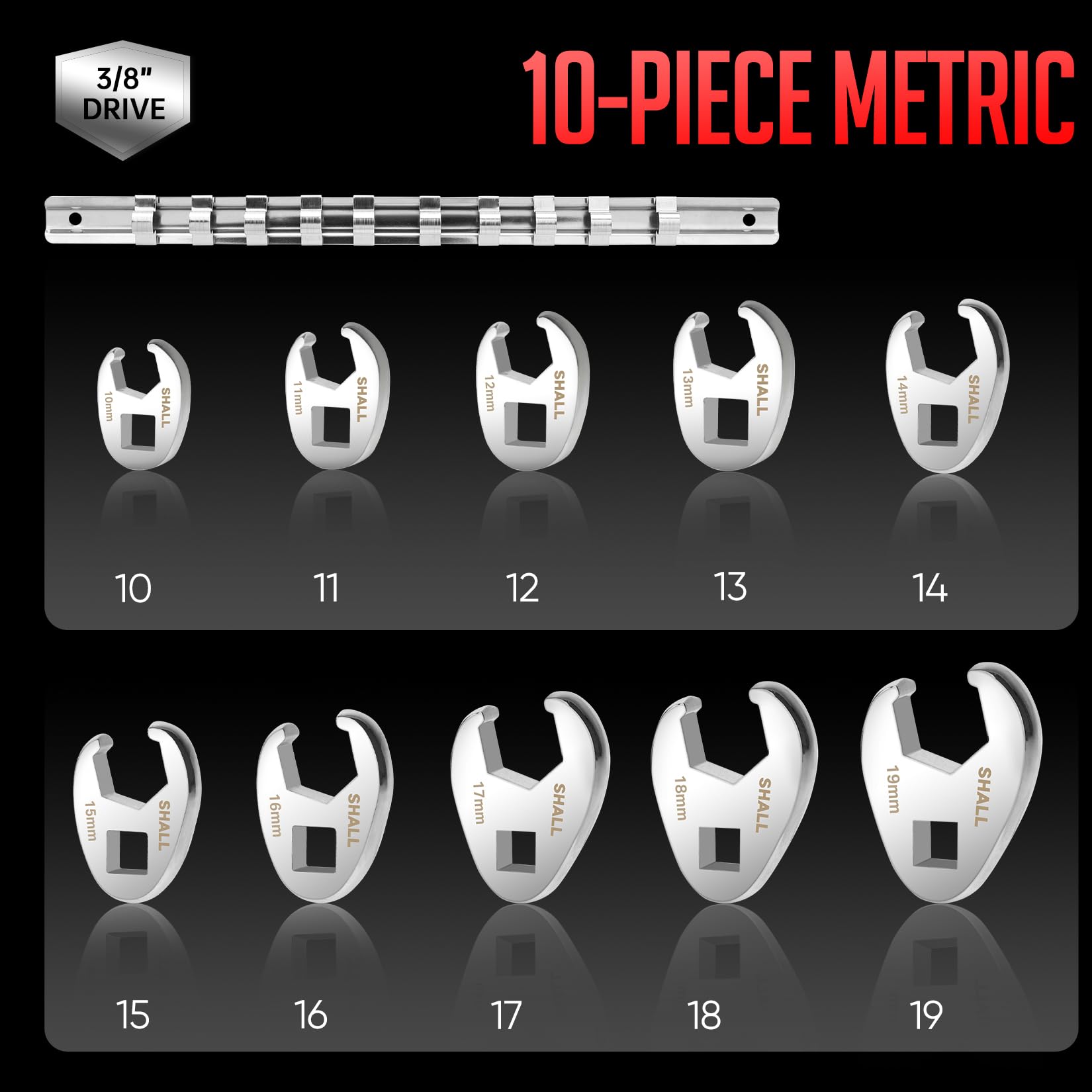 Shall 3/8" Flare Nut Wrench Set, 10-Piece Metric Crowfoot Flare Nut Tool Kit for Nut Removal 10-19mm, Clip-on Organizer - Image 2
