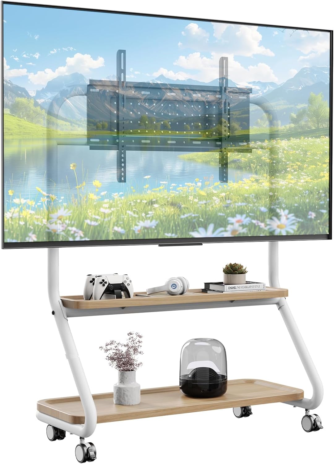 Mobile TV Stand with Storage Shelves, Heavy Duty Rolling Floor TV Stand with Wheels for 42-85" TVs up to 180lbs, Mobile TV Cart for Flat Curved Screen TV, LED LCD(White) R5-WHITE