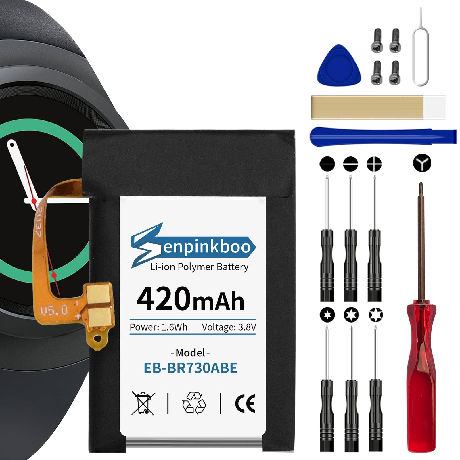 Senpinkboo for Samsung Galaxy Gear S2 Classic Battery Upgraded [420mAh] EB-BR730ABE Battery for Gear S2 SM-R730 S2 Classic SM-R735 Gear Sport SM-R600 Replacement with Repair Tool Kit+Screws